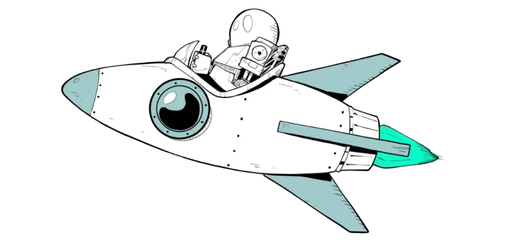 Illustration: Ein Robter in einer Rakete symbolisiert die Optimierung der E-Mail Performance