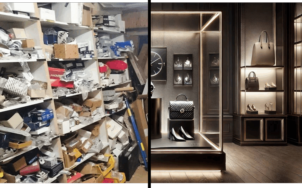 unaufgeräumte Abstellkammer links, Modeboutique rechts