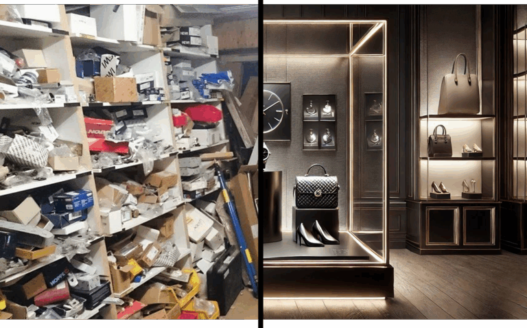 unaufgeräumte Abstellkammer links, Modeboutique rechts