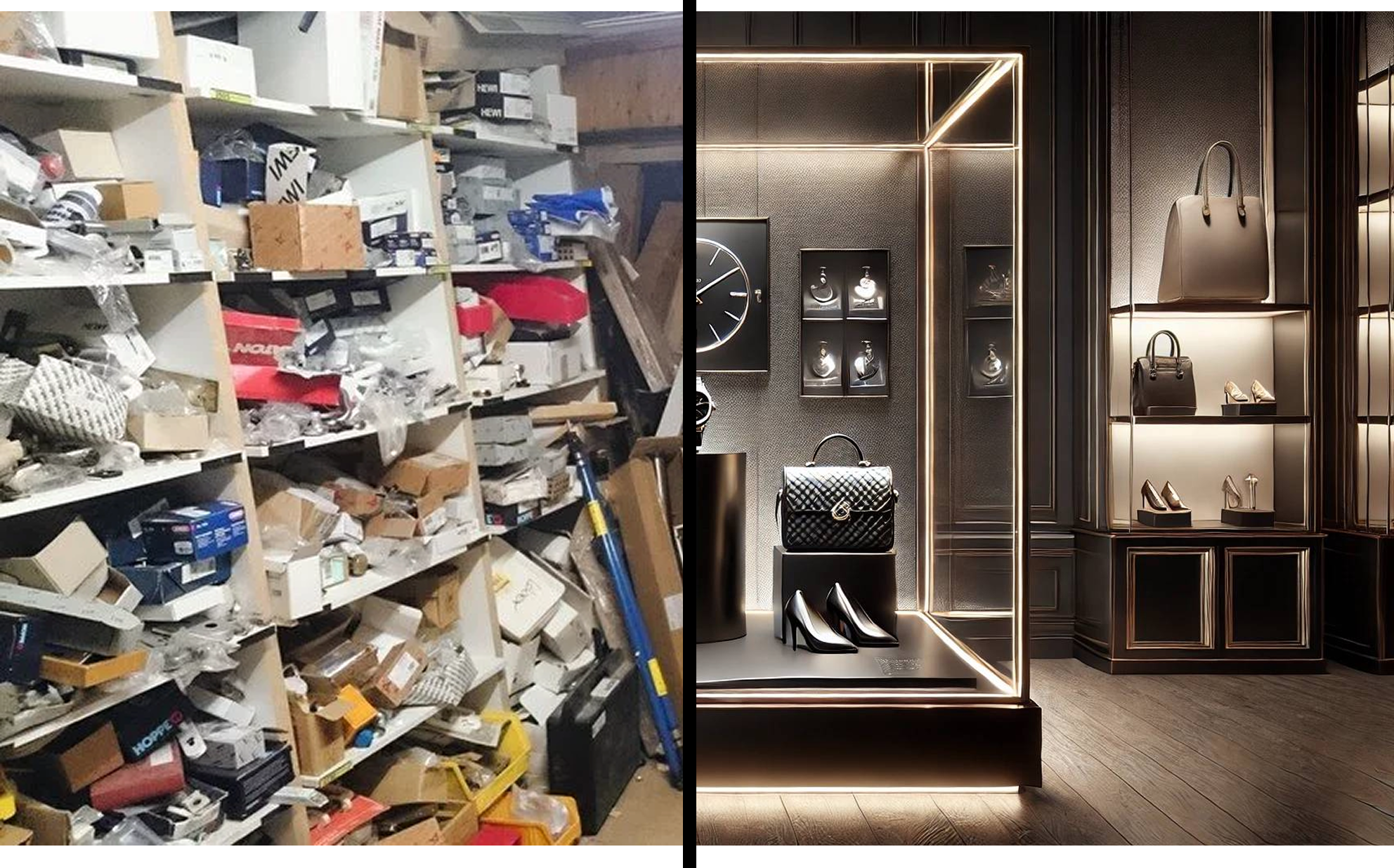 unaufgeräumte Abstellkammer links, Modeboutique rechts