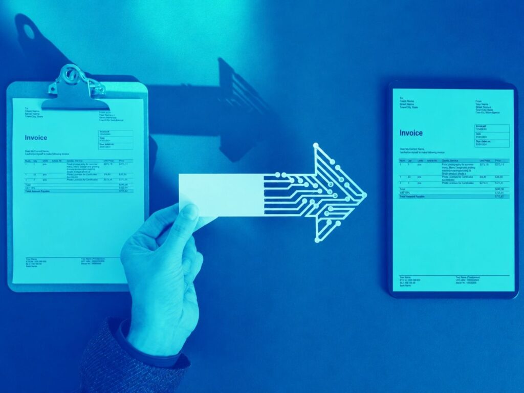 Visualisierung der Entwicklung einer Papierrechnung zu einer E-Rechnung für Unternehmen