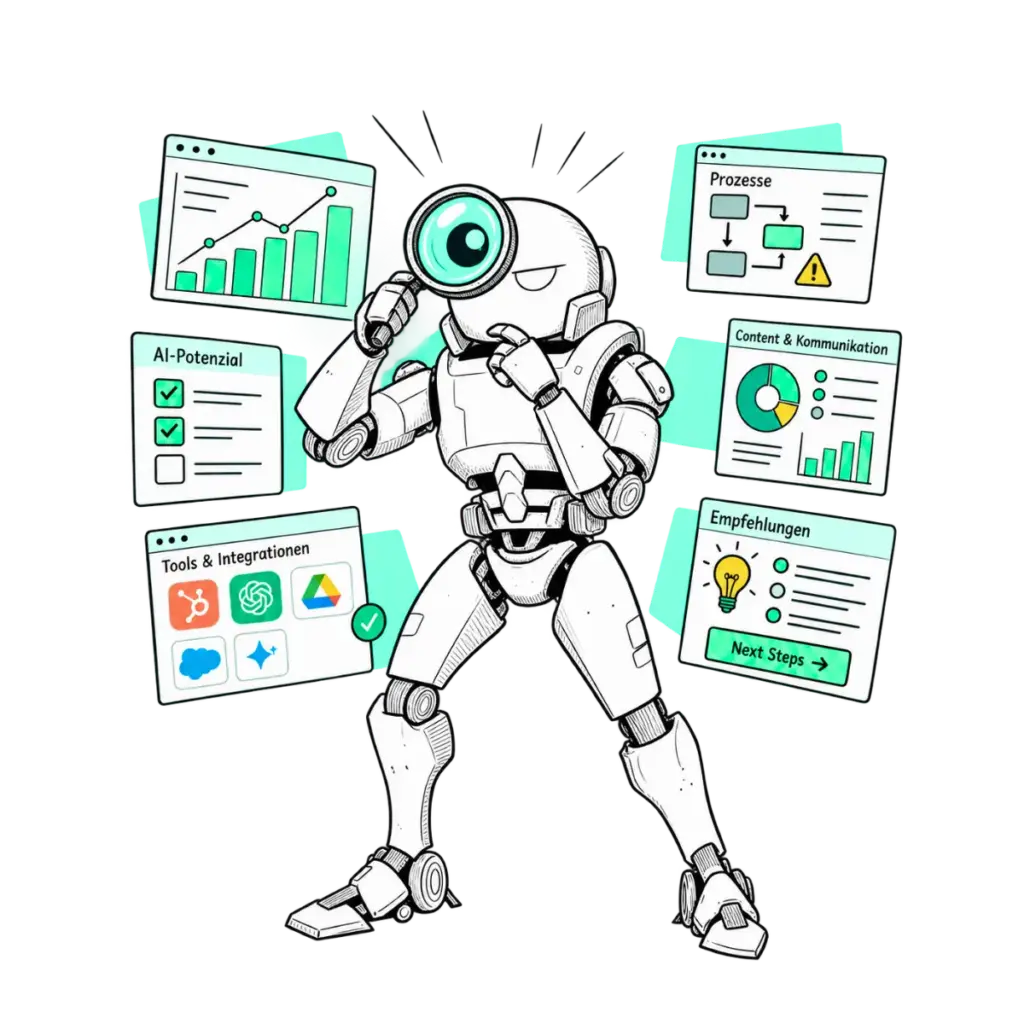 Illustration: Ein Roboter schaut durch eine Lupe und im Hintergrund werden abstrakt Ergebnisse eines AI Audits dargestellt