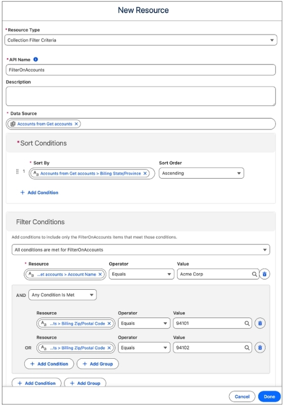 Grafik: Collections, also Datensammlungen, mit „Collection Filter, Criteria“ filtern – Salesforce Winter ’27 Release