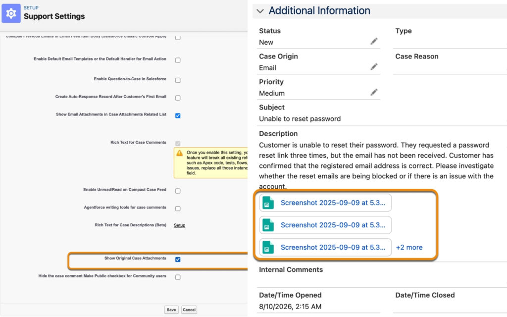Grafik: Originale Case Attachments Inline in Case Details sehen – Salesforce Winter ’27 Release